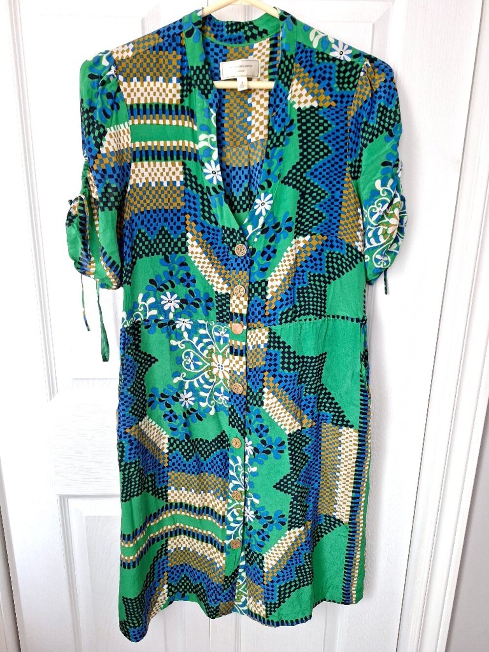 Moulinette Soeurs Anthropologie Blue and Green Silk Shirt Dress